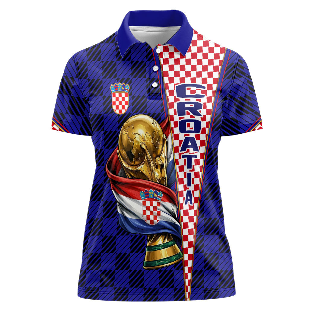 Personalized Croatia Football Women Polo Shirt Checkerboard Graphic - Golden Champion Trophy And Flag
