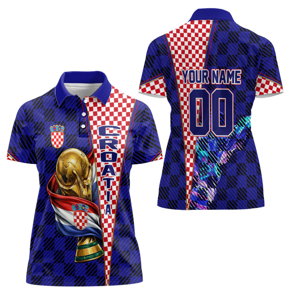 Personalized Croatia Football Women Polo Shirt Checkerboard Graphic - Golden Champion Trophy And Flag