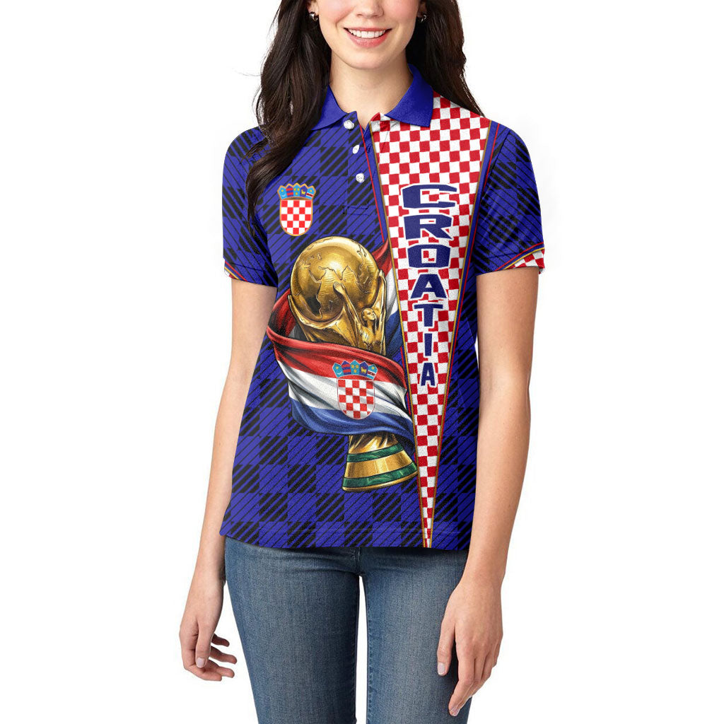 Personalized Croatia Football Women Polo Shirt Checkerboard Graphic - Golden Champion Trophy And Flag