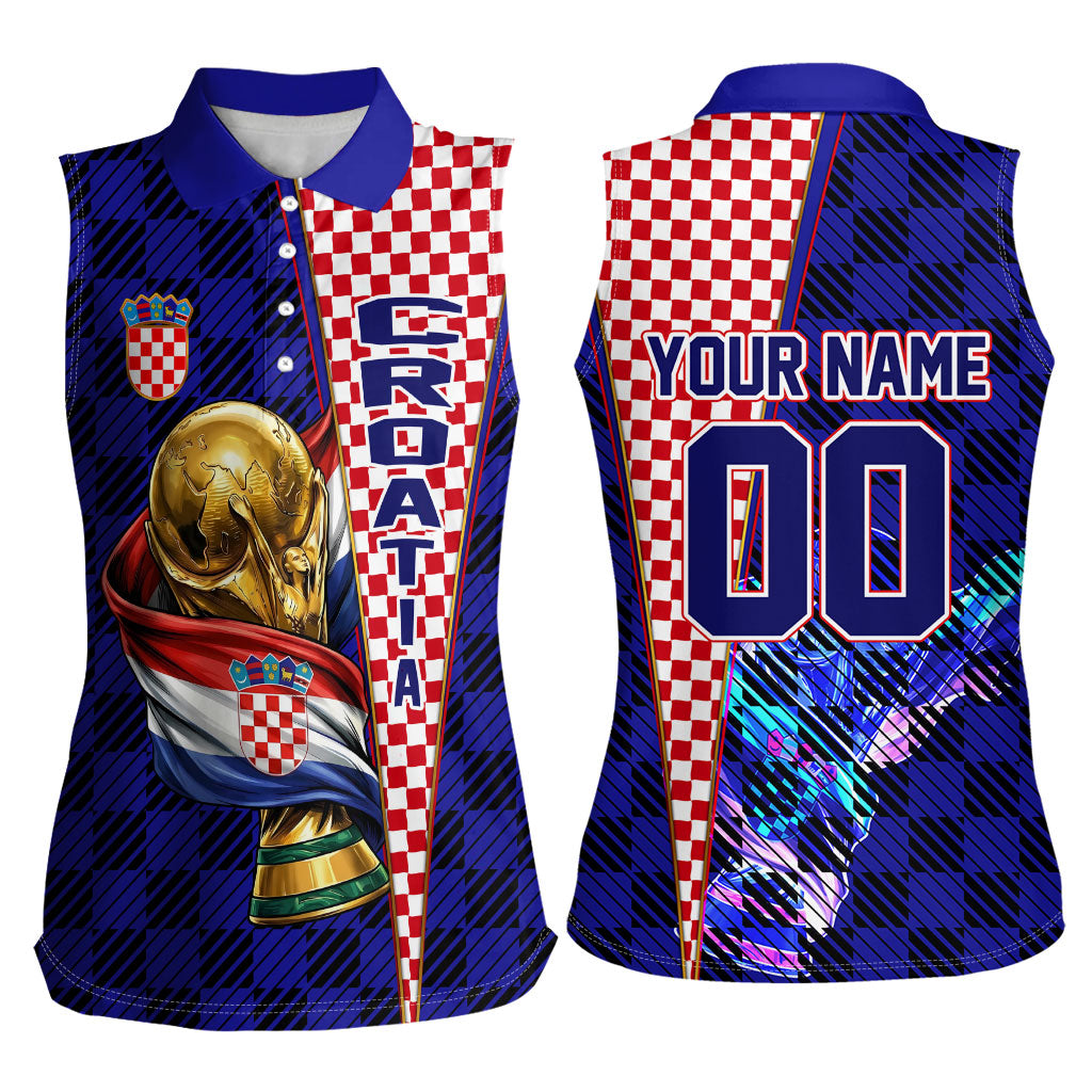 Personalized Croatia Football Women Sleeveless Polo Shirt Checkerboard Graphic - Golden Champion Trophy And Flag