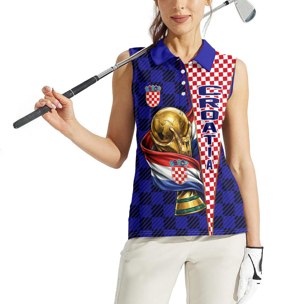 Personalized Croatia Football Women Sleeveless Polo Shirt Checkerboard Graphic - Golden Champion Trophy And Flag