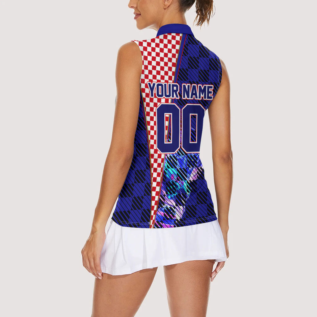 Personalized Croatia Football Women Sleeveless Polo Shirt Checkerboard Graphic - Golden Champion Trophy And Flag