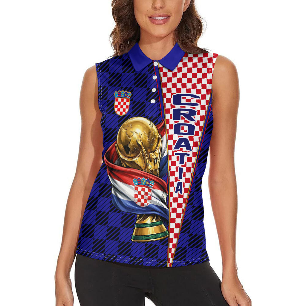 Personalized Croatia Football Women Sleeveless Polo Shirt Checkerboard Graphic - Golden Champion Trophy And Flag