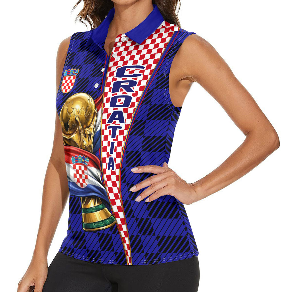 Personalized Croatia Football Women Sleeveless Polo Shirt Checkerboard Graphic - Golden Champion Trophy And Flag