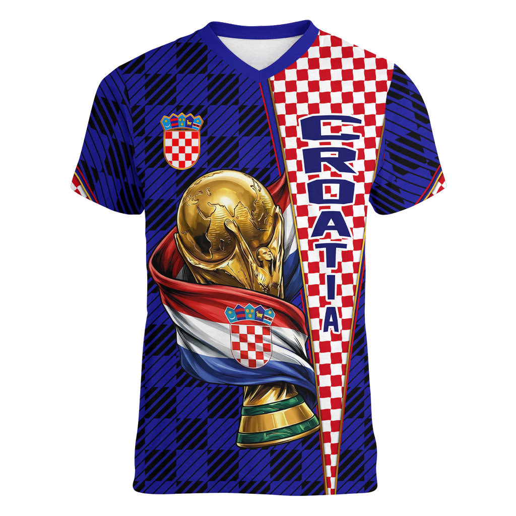 Personalized Croatia Football Women V-Neck T-Shirt Checkerboard Graphic - Golden Champion Trophy And Flag