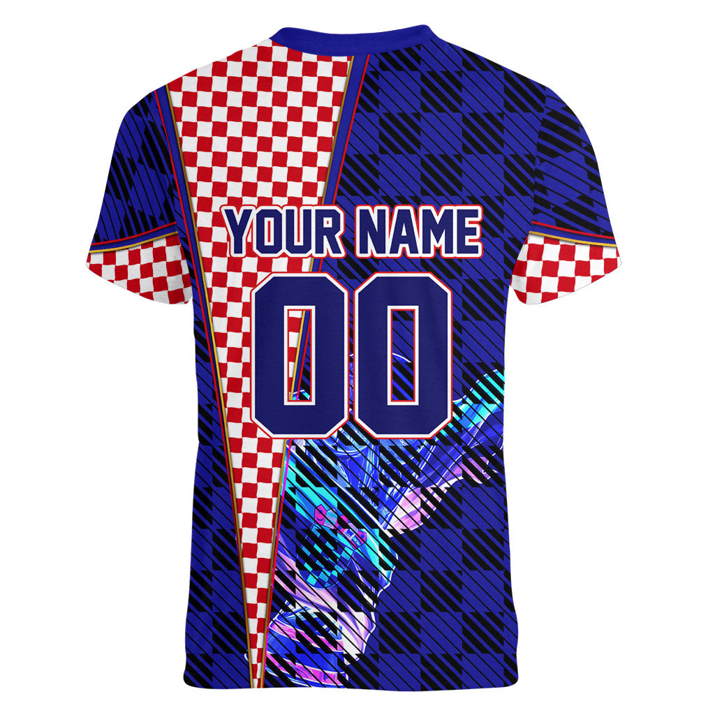 Personalized Croatia Football Women V-Neck T-Shirt Checkerboard Graphic - Golden Champion Trophy And Flag