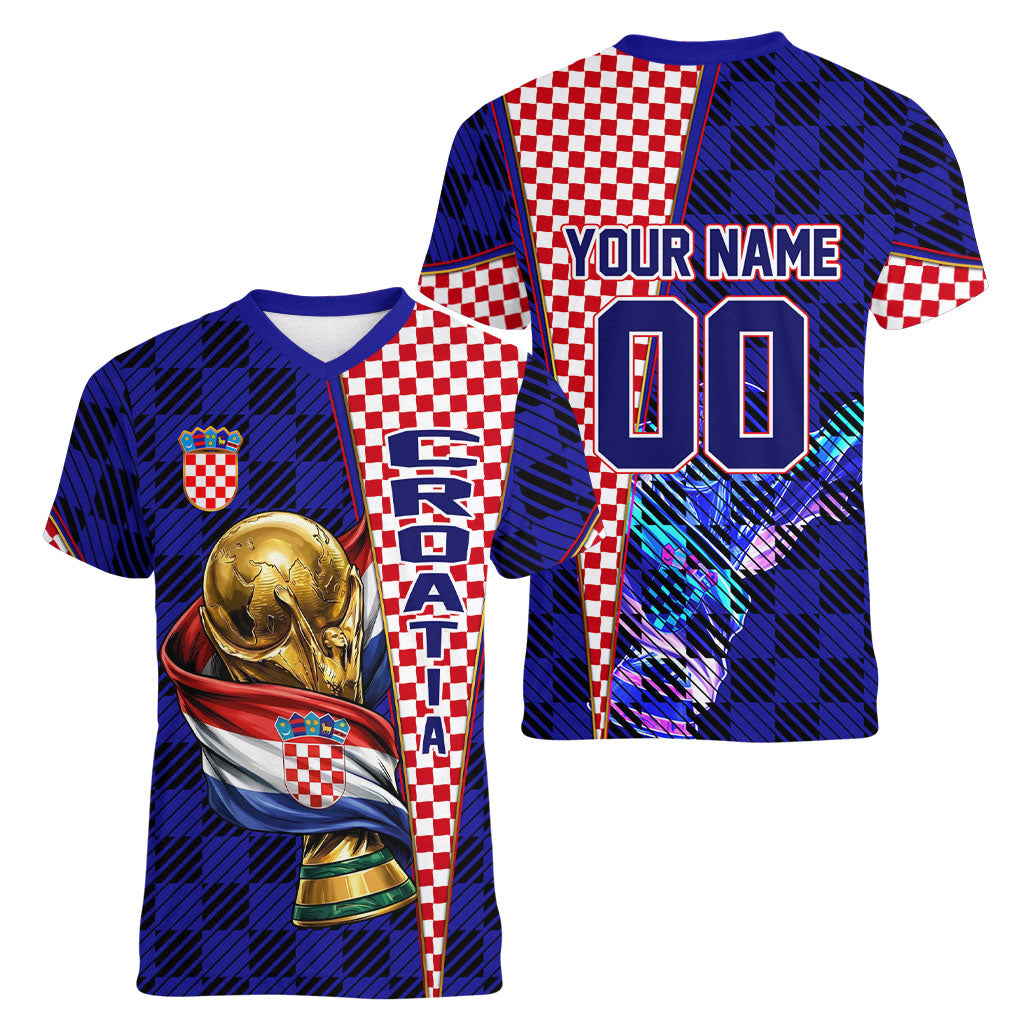 Personalized Croatia Football Women V-Neck T-Shirt Checkerboard Graphic - Golden Champion Trophy And Flag