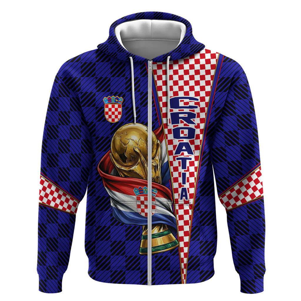 Personalized Croatia Football Zip Hoodie Checkerboard Graphic - Golden Champion Trophy And Flag