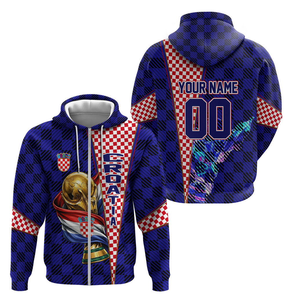 Personalized Croatia Football Zip Hoodie Checkerboard Graphic - Golden Champion Trophy And Flag