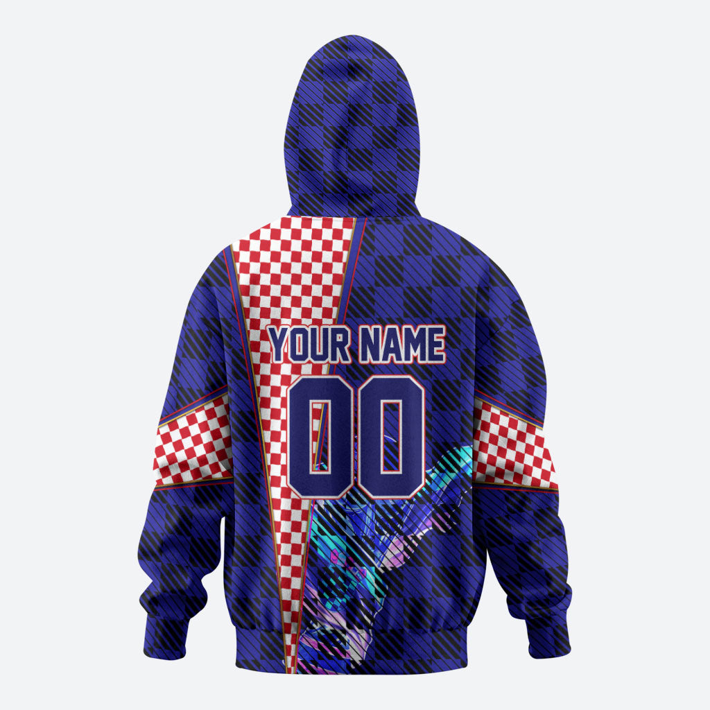 Personalized Croatia Football Zip Hoodie Checkerboard Graphic - Golden Champion Trophy And Flag