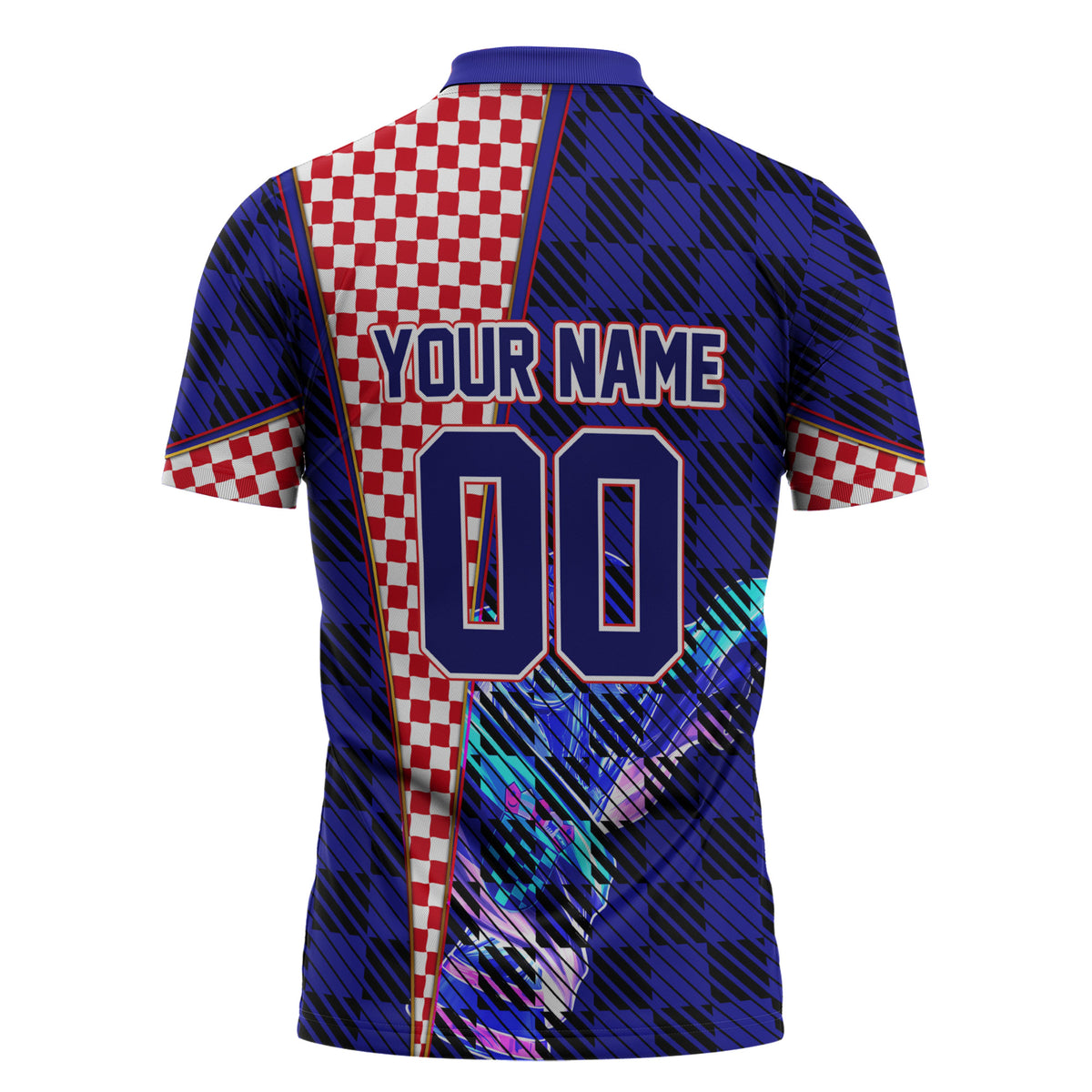 Personalized Croatia Football Zipper Polo Shirt Checkerboard Graphic - Golden Champion Trophy And Flag