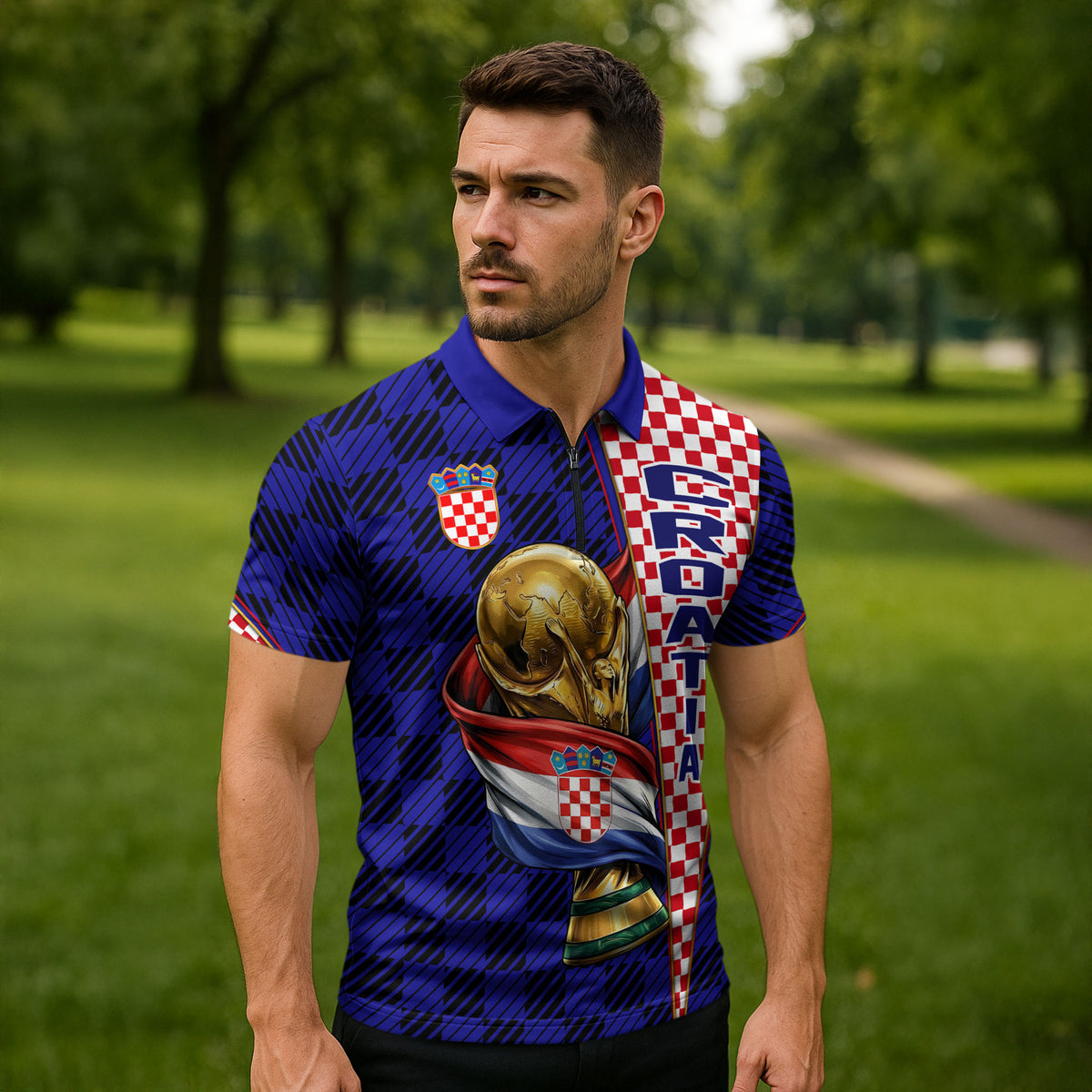 Personalized Croatia Football Zipper Polo Shirt Checkerboard Graphic - Golden Champion Trophy And Flag