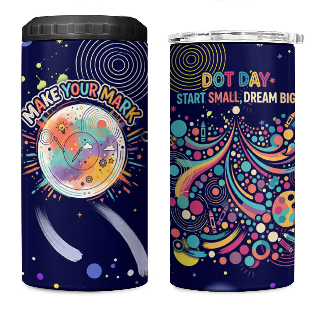 Dot Day Make Your Mark 4 in 1 Can Cooler Tumbler Colorful Celestial Watercolor Circles And Swirling Polka Dots