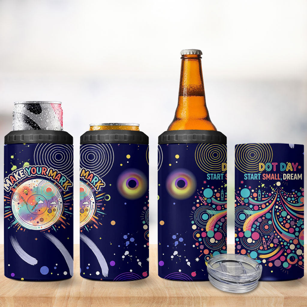 Dot Day Make Your Mark 4 in 1 Can Cooler Tumbler Colorful Celestial Watercolor Circles And Swirling Polka Dots