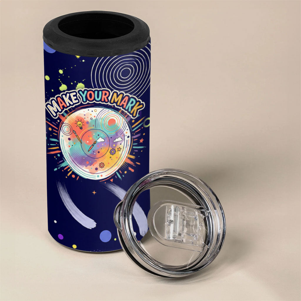 Dot Day Make Your Mark 4 in 1 Can Cooler Tumbler Colorful Celestial Watercolor Circles And Swirling Polka Dots