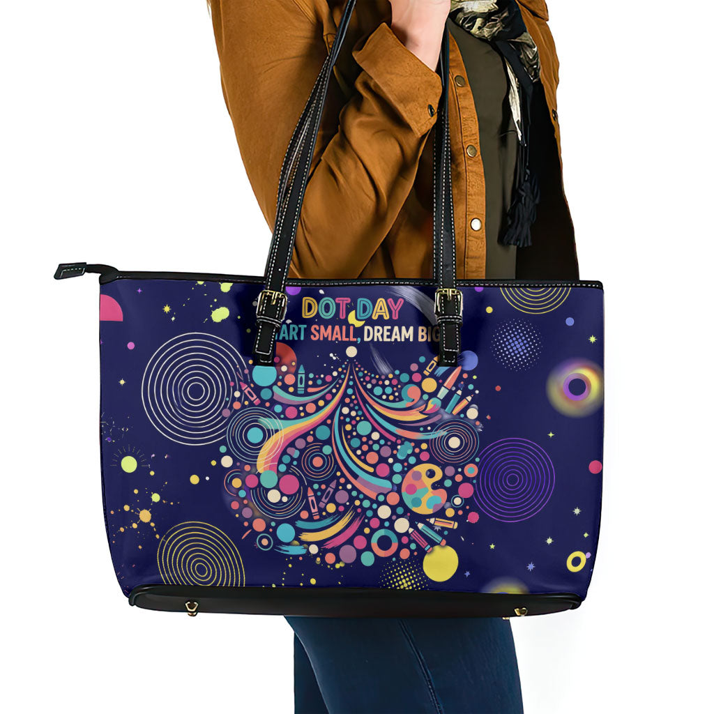 Dot Day Make Your Mark Leather Tote Bag Colorful Celestial Watercolor Circles And Swirling Polka Dots