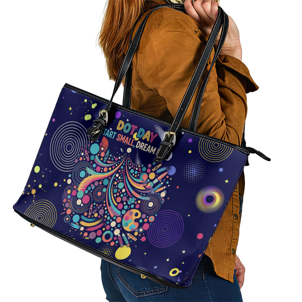 Dot Day Make Your Mark Leather Tote Bag Colorful Celestial Watercolor Circles And Swirling Polka Dots