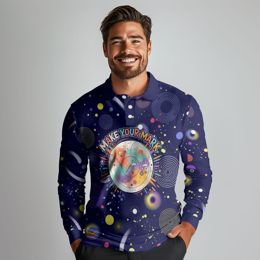 Dot Day Make Your Mark Long Sleeve Polo Shirt Colorful Celestial Watercolor Circles And Swirling Polka Dots