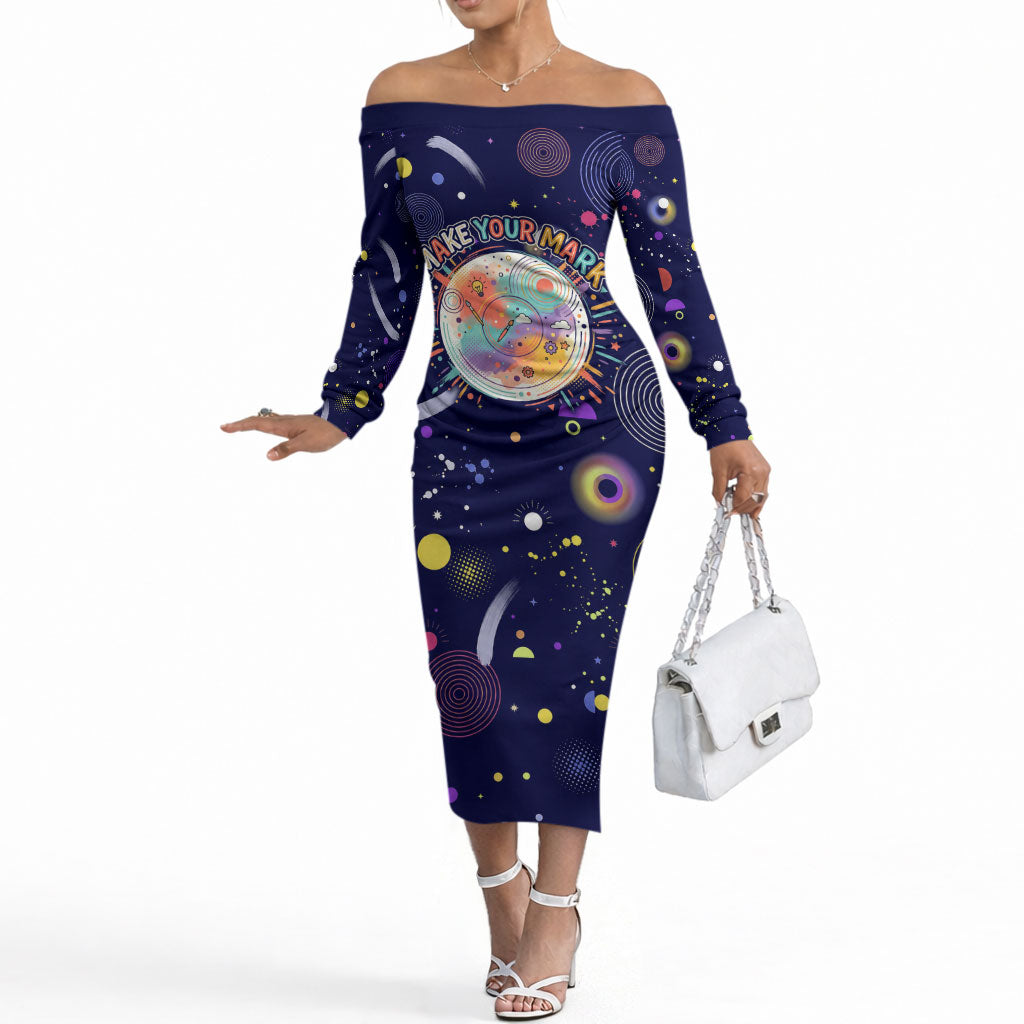 Dot Day Make Your Mark Off The Shoulder Long Sleeve Dress Colorful Celestial Watercolor Circles And Swirling Polka Dots