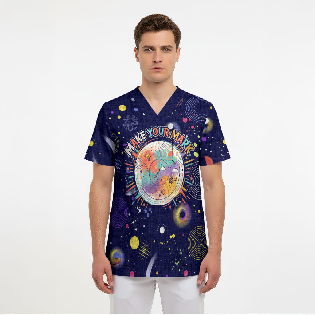 Dot Day Make Your Mark Scrub Top Colorful Celestial Watercolor Circles And Swirling Polka Dots