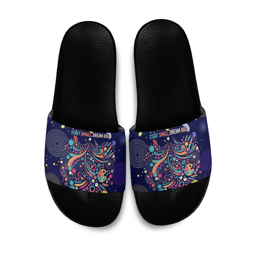 Dot Day Make Your Mark Slide Sandals Colorful Celestial Watercolor Circles And Swirling Polka Dots
