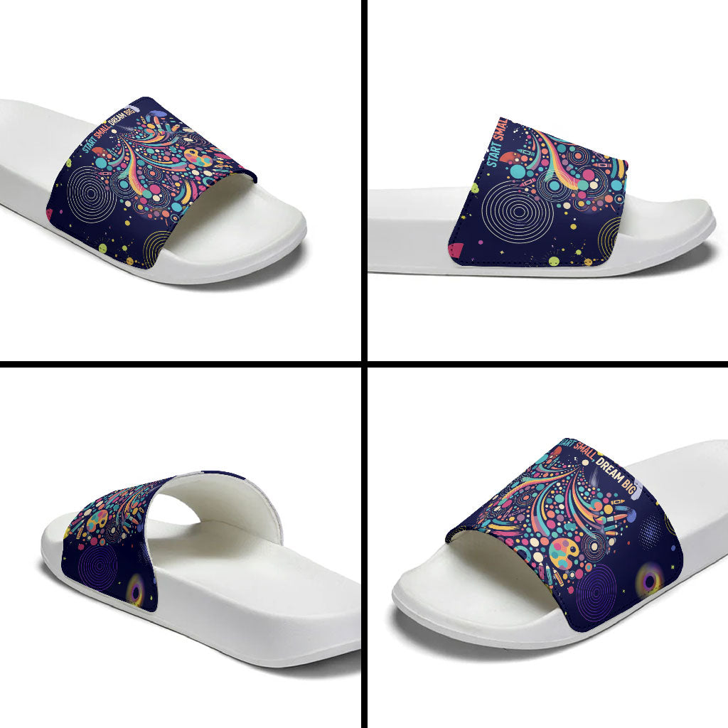 Dot Day Make Your Mark Slide Sandals Colorful Celestial Watercolor Circles And Swirling Polka Dots