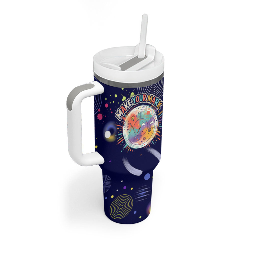 Dot Day Make Your Mark Tumbler With Handle Colorful Celestial Watercolor Circles And Swirling Polka Dots