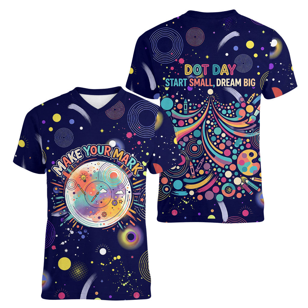 Dot Day Make Your Mark Women V-Neck T-Shirt Colorful Celestial Watercolor Circles And Swirling Polka Dots