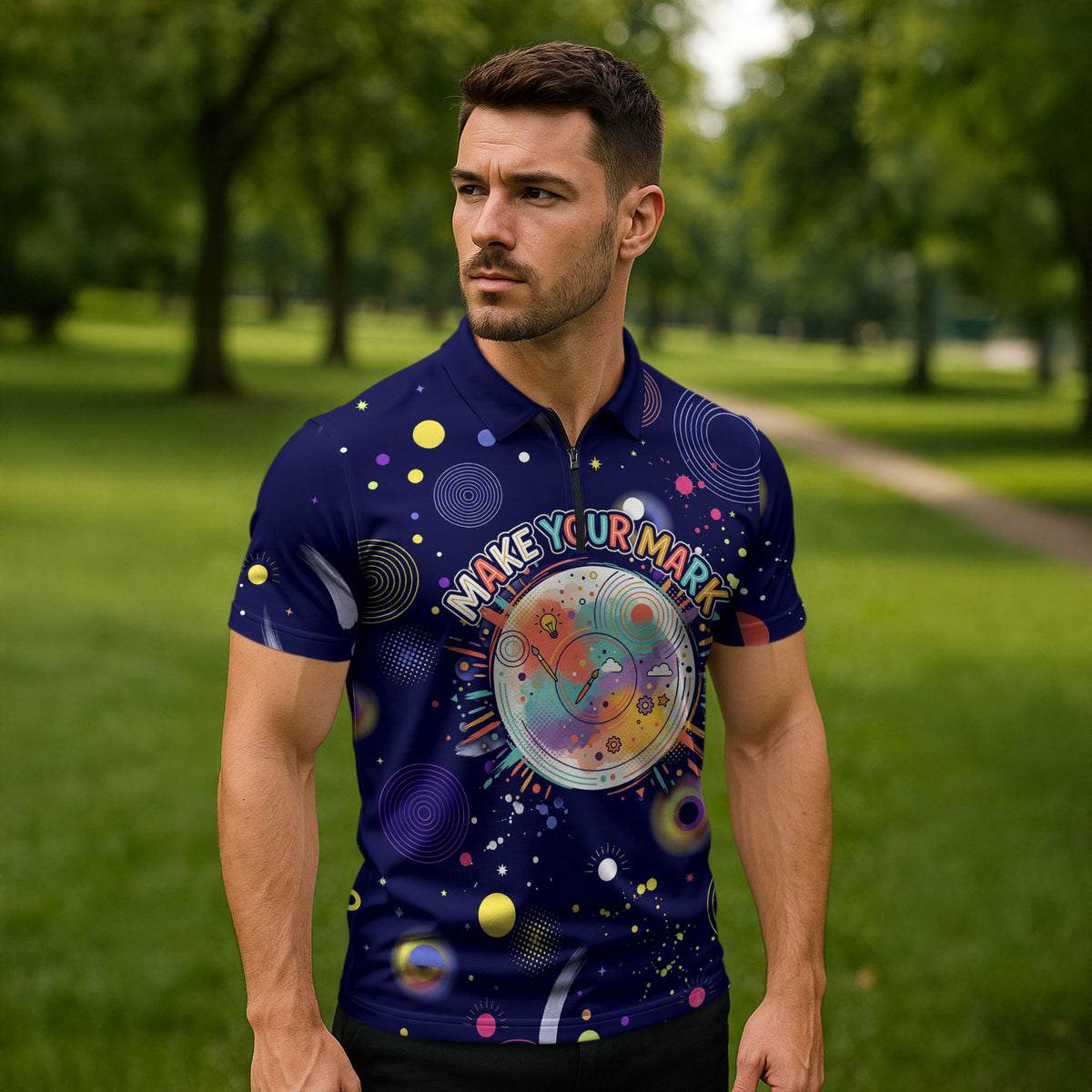 Dot Day Make Your Mark Zipper Polo Shirt Colorful Celestial Watercolor Circles And Swirling Polka Dots