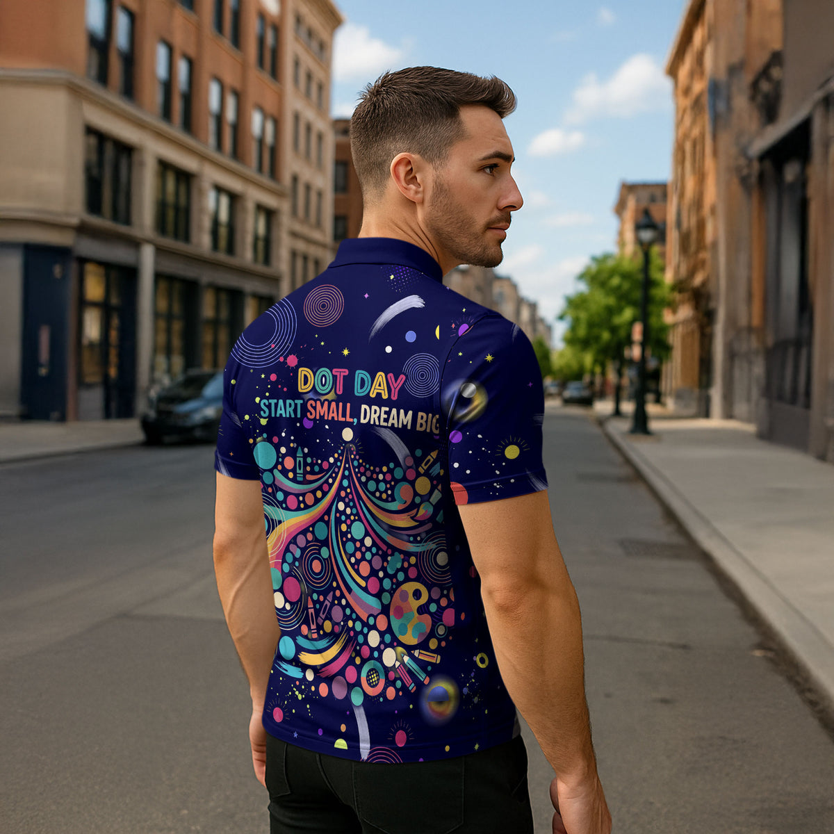 Dot Day Make Your Mark Zipper Polo Shirt Colorful Celestial Watercolor Circles And Swirling Polka Dots