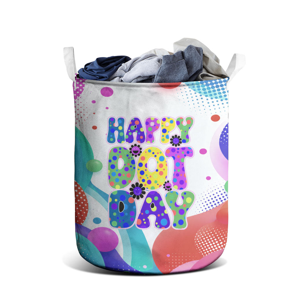 Happy Dot Day Laundry Basket Colorful Swirling Polka Dots and Whimsical Smiley Flowers