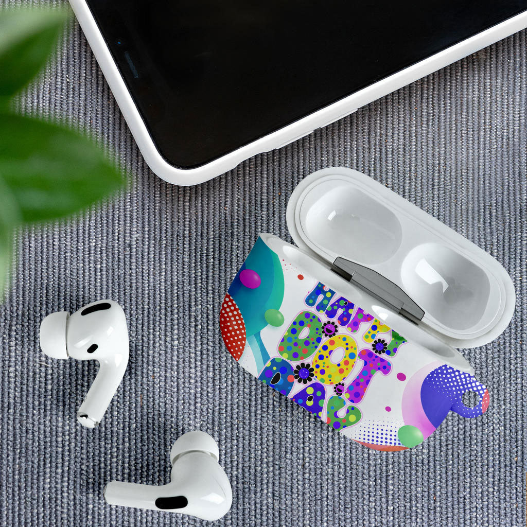 Happy Dot Day AirPods Case Colorful Swirling Polka Dots and Whimsical Smiley Flowers
