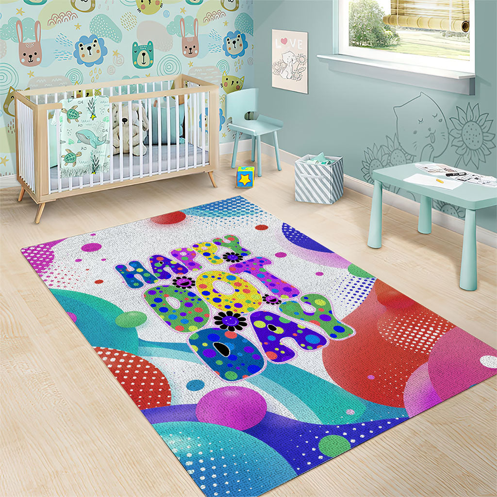 Happy Dot Day Area Rug Colorful Swirling Polka Dots and Whimsical Smiley Flowers