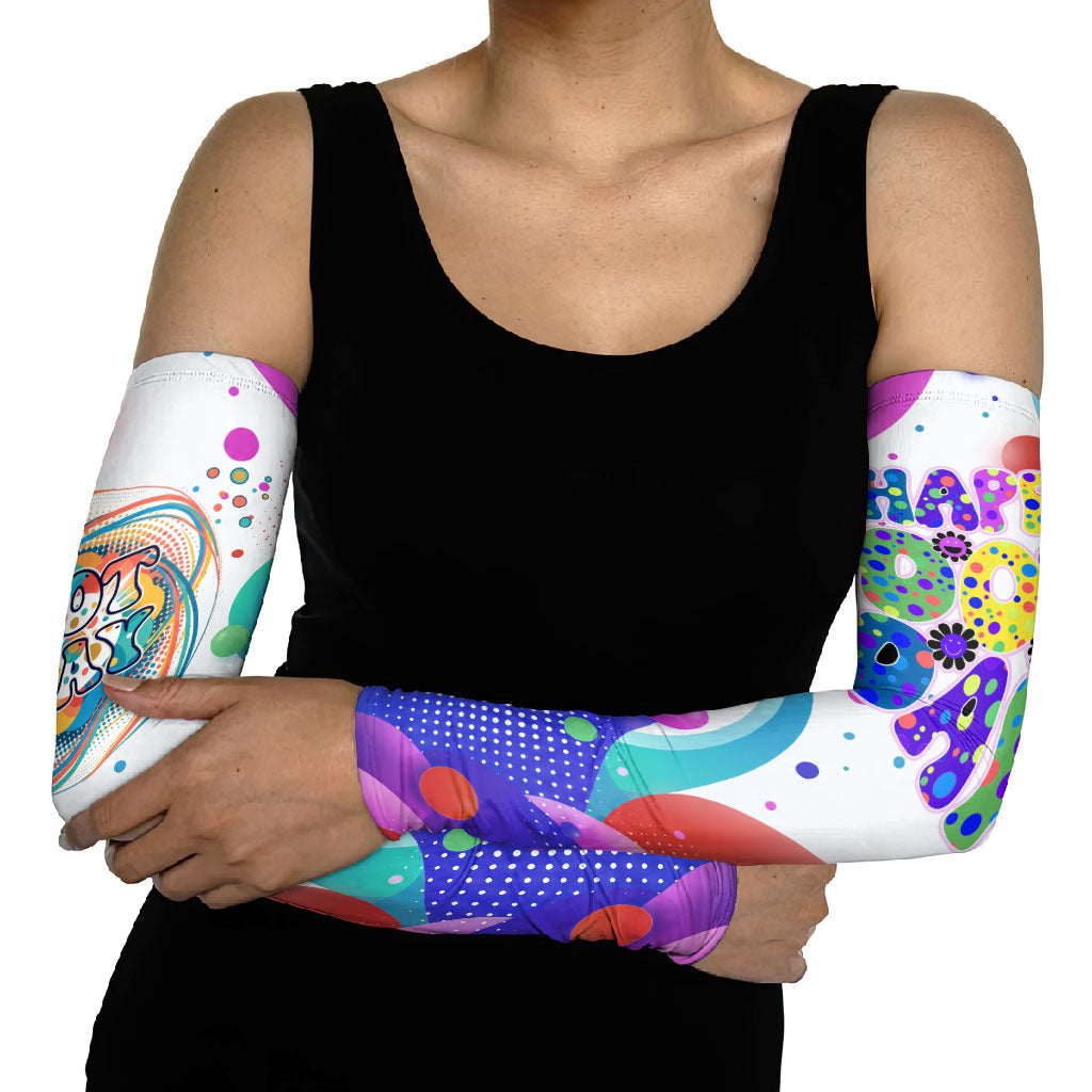 Happy Dot Day Arm Sleeves Colorful Swirling Polka Dots and Whimsical Smiley Flowers