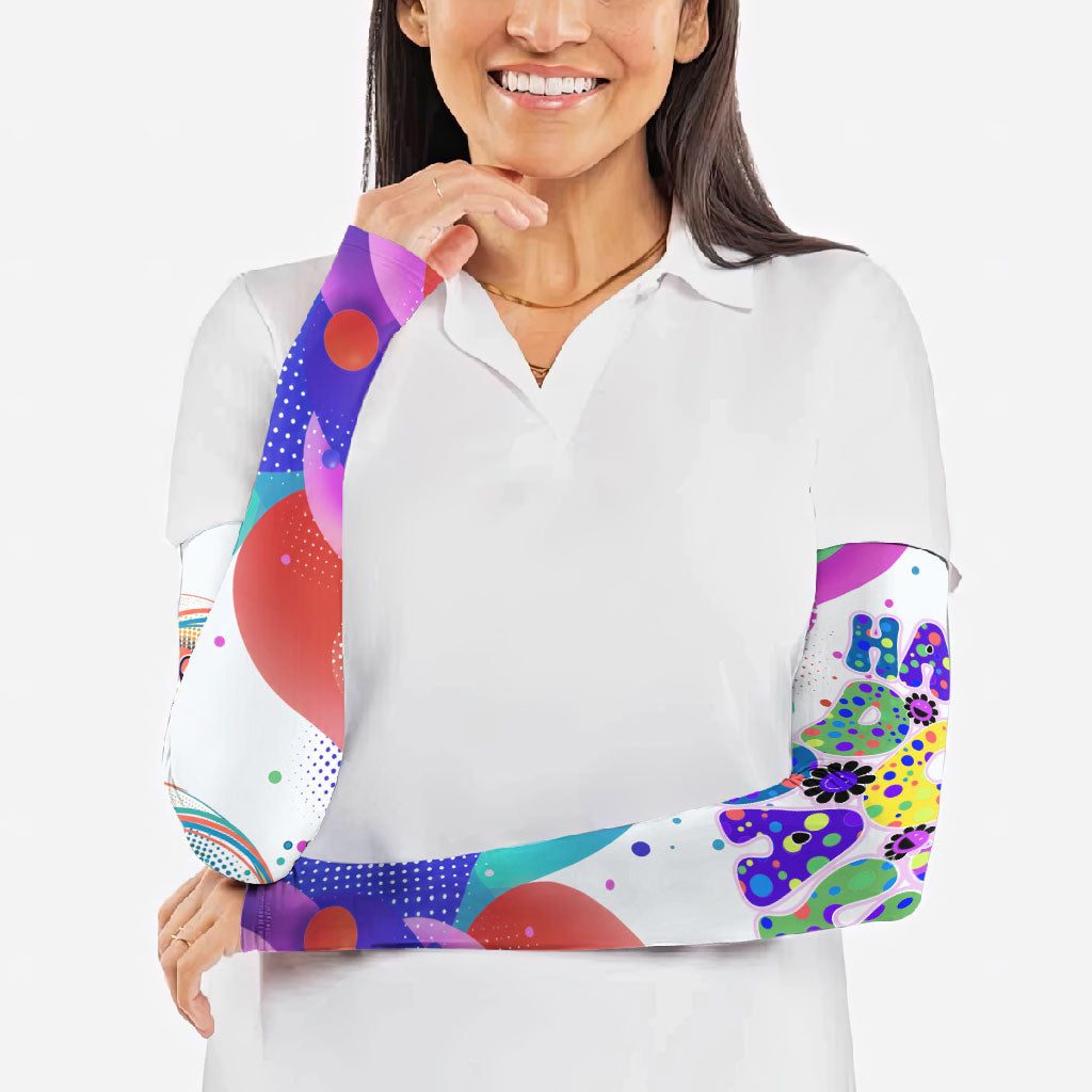 Happy Dot Day Arm Sleeves Colorful Swirling Polka Dots and Whimsical Smiley Flowers