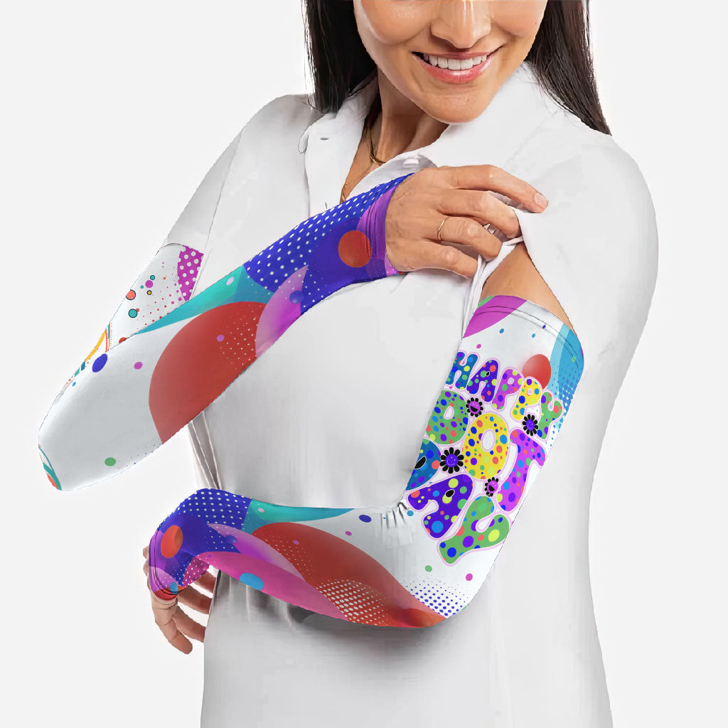 Happy Dot Day Arm Sleeves Colorful Swirling Polka Dots and Whimsical Smiley Flowers