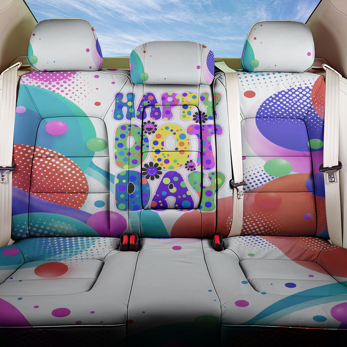 Happy Dot Day Back Car Seat Cover Colorful Swirling Polka Dots and Whimsical Smiley Flowers