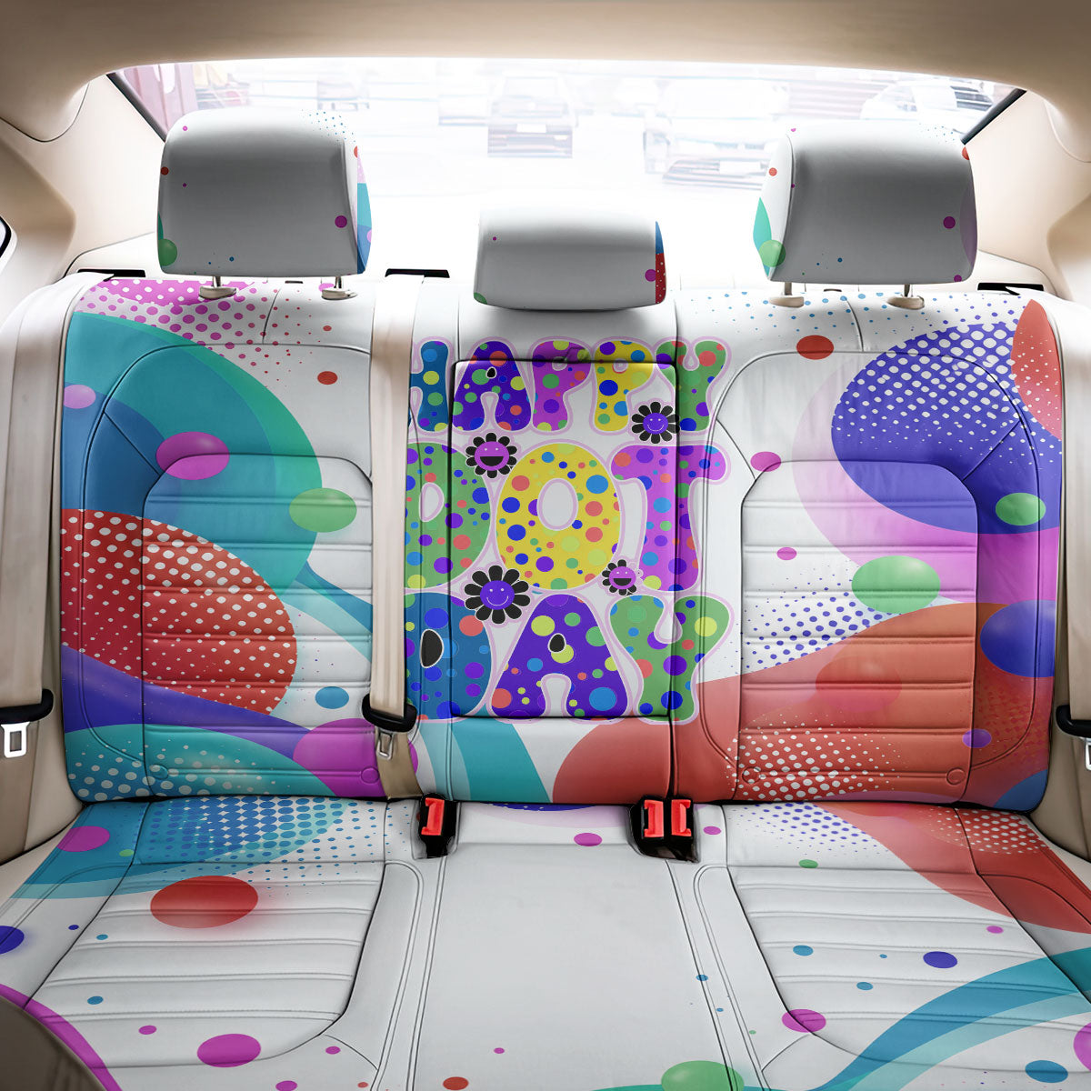 Happy Dot Day Back Car Seat Cover Colorful Swirling Polka Dots and Whimsical Smiley Flowers