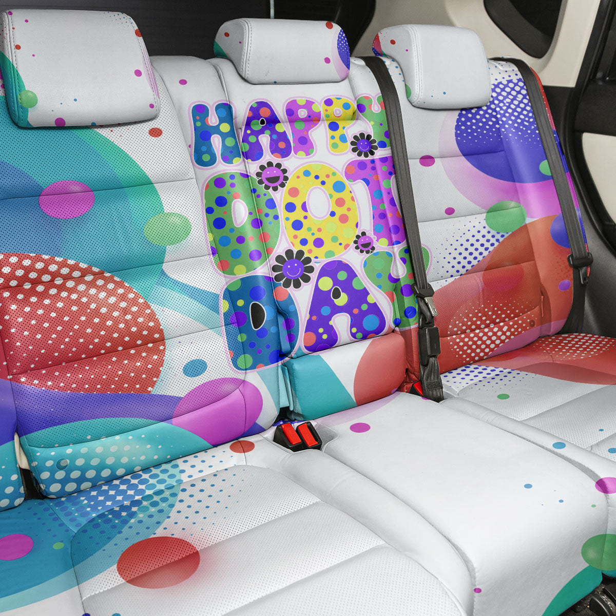 Happy Dot Day Back Car Seat Cover Colorful Swirling Polka Dots and Whimsical Smiley Flowers