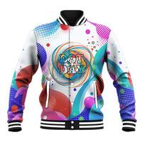 Happy Dot Day Baseball Jacket Colorful Swirling Polka Dots and Whimsical Smiley Flowers