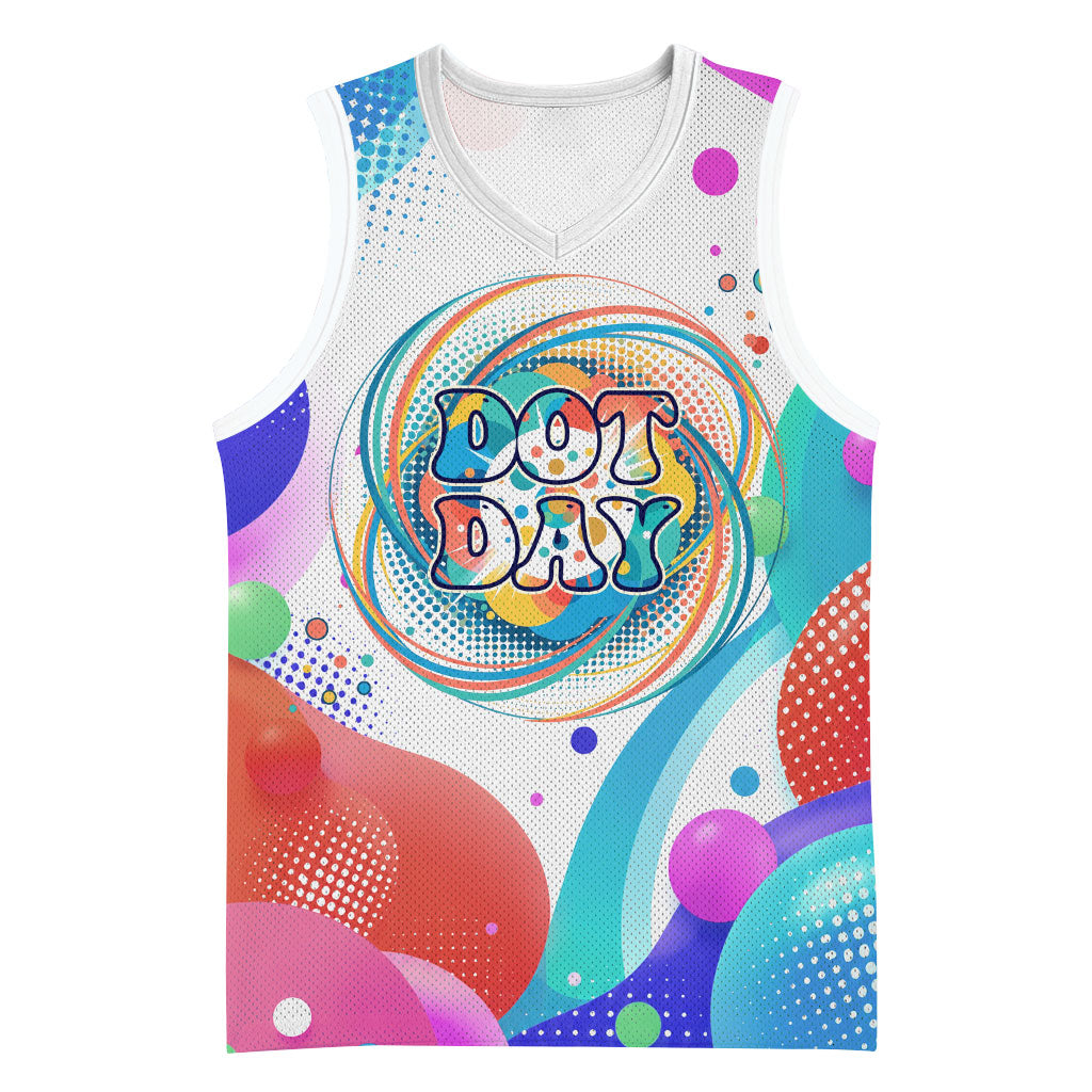 Happy Dot Day Basketball Jersey Colorful Swirling Polka Dots and Whimsical Smiley Flowers