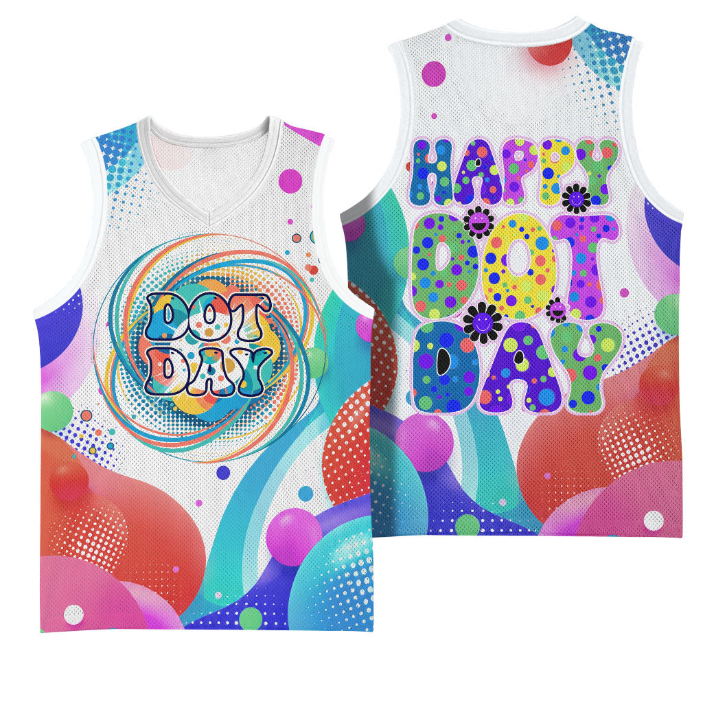 Happy Dot Day Basketball Jersey Colorful Swirling Polka Dots and Whimsical Smiley Flowers