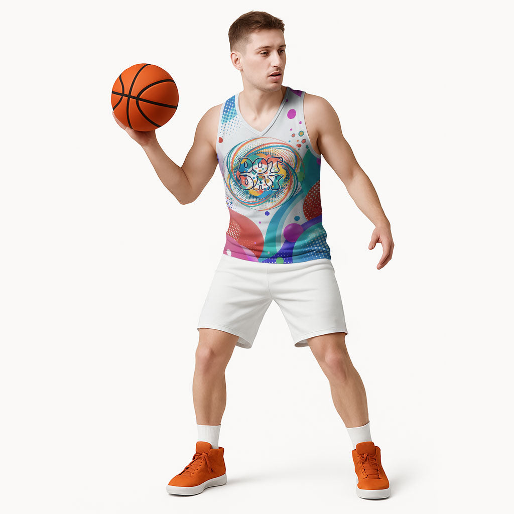 Happy Dot Day Basketball Jersey Colorful Swirling Polka Dots and Whimsical Smiley Flowers