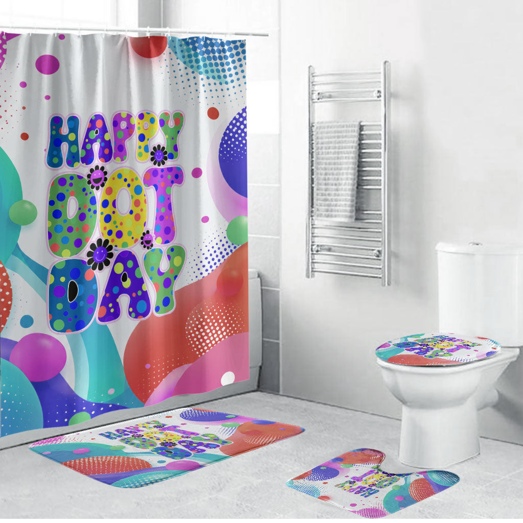 Happy Dot Day Bathroom Set Colorful Swirling Polka Dots and Whimsical Smiley Flowers