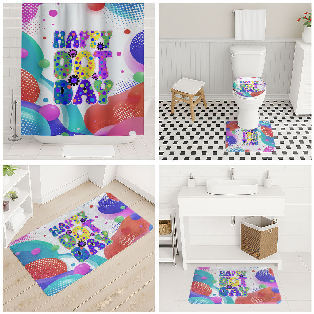 Happy Dot Day Bathroom Set Colorful Swirling Polka Dots and Whimsical Smiley Flowers