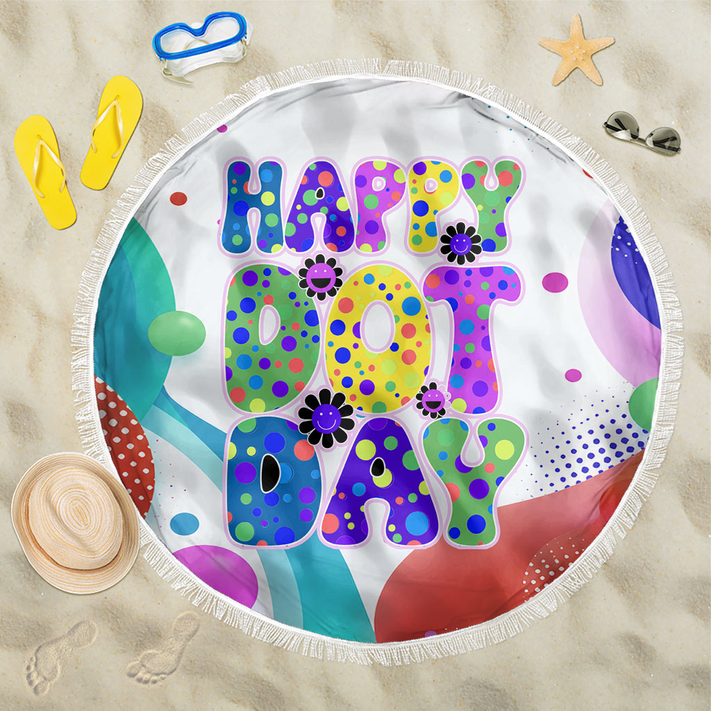Happy Dot Day Beach Blanket Colorful Swirling Polka Dots and Whimsical Smiley Flowers