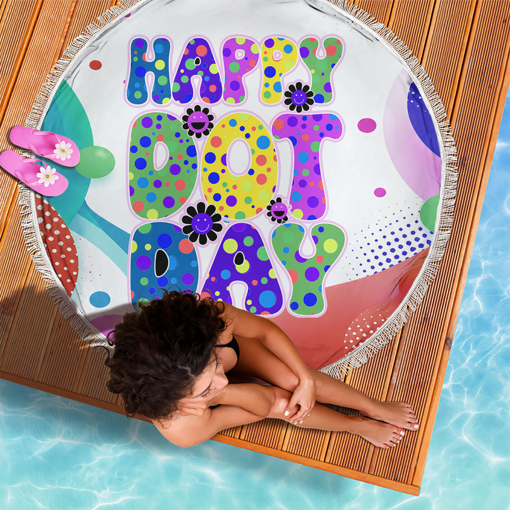 Happy Dot Day Beach Blanket Colorful Swirling Polka Dots and Whimsical Smiley Flowers