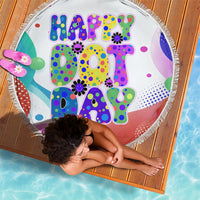 Happy Dot Day Beach Blanket Colorful Swirling Polka Dots and Whimsical Smiley Flowers