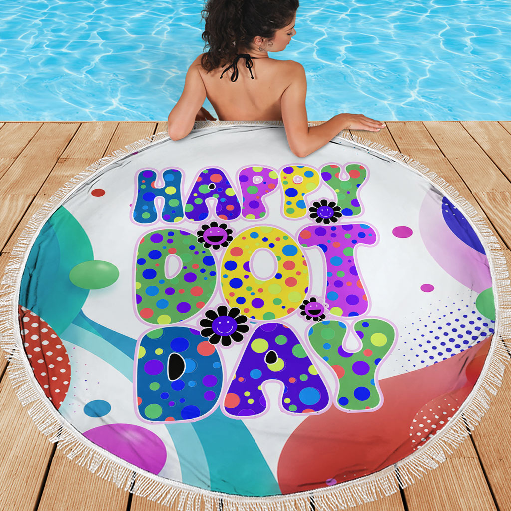 Happy Dot Day Beach Blanket Colorful Swirling Polka Dots and Whimsical Smiley Flowers