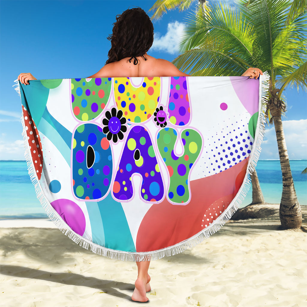 Happy Dot Day Beach Blanket Colorful Swirling Polka Dots and Whimsical Smiley Flowers